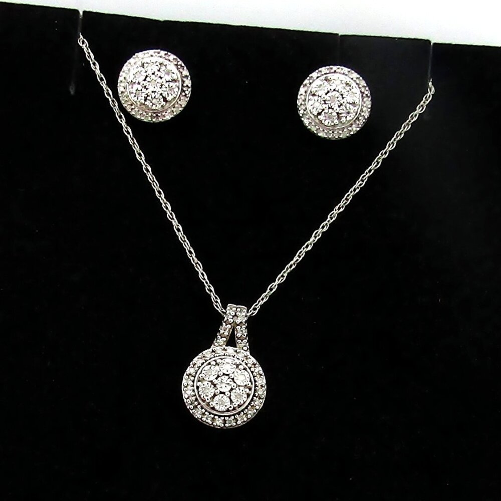 Diamond Accent Necklace & Earring Gift Set Silver Genuine Natural Real